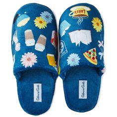 a pair of blue slippers with food and flowers painted on the front, side view