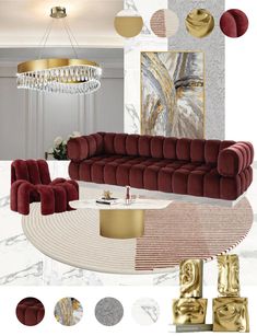 a living room with red couches, gold accents and chandelier hanging from the ceiling