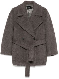 taupe grey alpaca wool-blend brushed effect double-breasted button fastening wide notch lapels drop shoulder long sleeves belted waist two side slit pockets satin lining straight hem Taupe Grey, Wardrobe Edit, Yoko London, Exclusive Fashion, Alpaca Wool, Outerwear Coats, Lady Dior, Outerwear Women, Jacket Tops