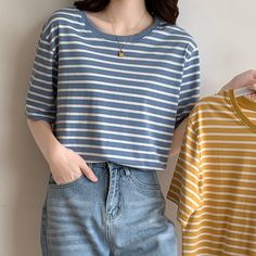 Loose Cotton Green Striped T-shirt  Material:Cotton 91%+Spandex 9%  Style:leisure Size:S,M,L,XL Color :green,yellow,blue,navy blue  Occasion: Outdoor,Daily, Vacation, Striped T Shirt Outfit, Striped Tee Outfit, Striped T Shirts, Vintage Striped Shirt, Scoops Ahoy, Legging Cuir, Bright Color Dresses, Swift Concert, Striped Shirts