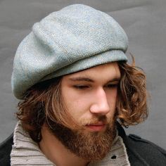 Keep right on trend for this season with this handmade designer Scottish beret in pure wool Harris tweed from the Scottish Isles.  Suits men and women both.  There are two gorgeous colour ways to choose from in pale blue herringbone, 'sea and sand' which has a muted yellow detail and 'sea and sky' which has the same blue with a silver grey detail instead. I've called this particular beret  'ZUTtam' as it is inspired by classic Scottish Tam O Shanter and as such is the perfect style for warmth an Tam O Shanter, Beret Outfit, Beret Men, Tweed Cap, Style Année 20, Scottish Tweed, Mens Beret, Tam O' Shanter, Harris Tweed Fabric