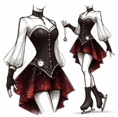 a drawing of a woman wearing a red and black corset with high heels