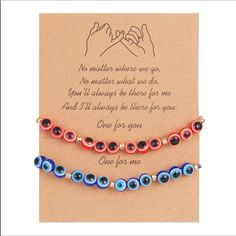 two bracelets with red, white and blue beads are on a card that says no matter where we go