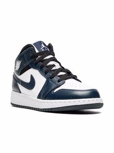 Navy/white/black leather Air Jordan 1 Mid sneakers from Jordan Kids featuring panelled design, signature Swoosh logo detail, signature Air Jordan Wings logo, perforated, round toe, front lace-up fastening, ankle-length, rubber sole and signature Air cushioning. These styles are supplied by a premium sneaker marketplace. Stocking only the most sought-after footwear, they source and curate some of the most hard to find sneakers from around the world.. | Jordan Kids Air Jordan 1 Mid sneakers Jordan 1 Mid Armory Navy, Christmas Rules, Jordan Wings, Air Jordan 1 Mid Gs, School Bag Essentials, Mid Sneakers, Jordans Girls, Navy Sneakers, Wings Logo