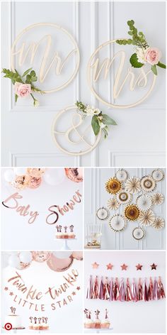 wedding decorations with flowers and greenery hanging on the wall in different styles, sizes and colors