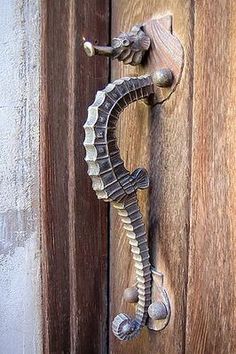 an ornate door handle on a wooden door