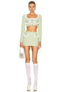 Alessandra Rich Cropped Tweed And Lace Jacket in Green & White | FWRD Fancy Dress Up, Lace Jacket, Green Outfit, Tweed Fabric, Fashion Design Clothes, Fashion Model, Photoshoot Ideas, Instagram Aesthetic