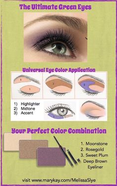 Applying Your Eye Color.... To make your eyes pop choose a complementary shade.  Green eyes work great with purples, plums, and taupes.  Try this easy application technique and blend so there are no hard lines.  Your eye colors should flow into each other seamlessly.  To get this complete look, order online, Mary Kay Mineral Eye Colors in Rosegold, Sweet Plum, and Moonstone.  Add Eyeliner in Deep Brown. Mary Kay Eyeshadow Looks, Kosmetyki Mary Kay, Mary Kay Eyeshadow, Mary Kay Eyes, Make Your Eyes Pop, Imagenes Mary Kay