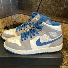 Perfect Condition! No Creases Or Wear! Jordan 1 Gray And Blue, Air Jordan 1 Mid, Jordan 1, Blue Man, Blue Grey, Air Jordans, Athletic Shoes, Men's Shoes, Man Shop