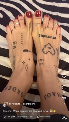 two feet with tattoos on them and one has the word love written in different languages