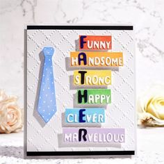 a card that says funny handsome strong happy clever marvelous with a blue tie on it