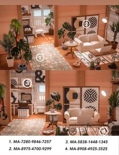 two pictures of a living room with couches, chairs and potted plants in it