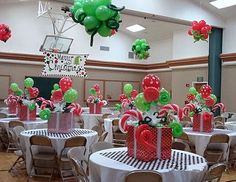 an image of christmas party decorations on pinterest for the holiday season, including balloons and candy canes