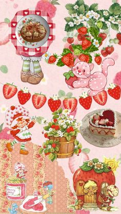 strawberry shortcakes and other treats are arranged on a pink background