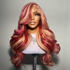 Luve Limited Design Blonde Ombre Red Wave 13X4 Lace Front Glueless Wig 180% Density Red And Blonde Highlights, Blonde And Red Hair, Dye Hairstyles, Red And Blonde Hair, Red And Blonde, Baddie Hair, Drag Wigs, Blonde Highlight