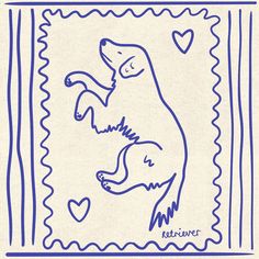 a blue and white drawing of a bear with hearts on it's back ground