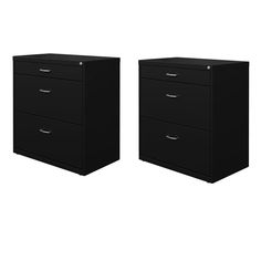 two black filing cabinets sitting next to each other on a white background and one is empty