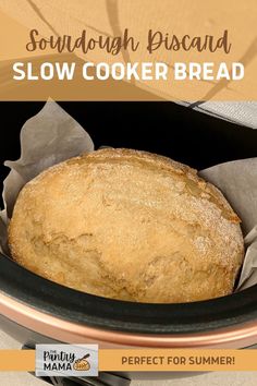 a close up of a bread in a crock pot with the words slow cooker bread