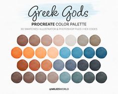 the color palette for greek gods is shown in shades of blue, orange and brown