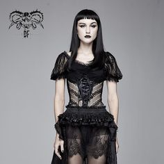 Sexy Women Summer Gothic Vertical Flower Lace Bubble Sleeves Modal T Shirt Glam Waves, Gothic Tops, Black Pants Men, Punk Rock Fashion, Embroidered Shorts, Kilt, Sheer Lace, Gothic Fashion, Types Of Collars