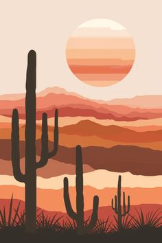 a desert scene with cactus trees, mountains and the sun in the sky above it