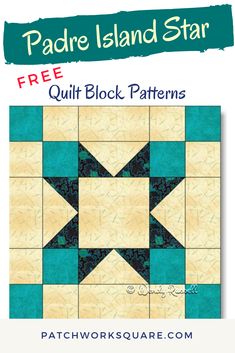 the free quilt block pattern is featured for patchwork island star, which has been made with