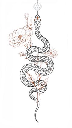 a drawing of a snake hanging from a chain with flowers on the bottom and side