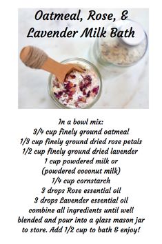 End your day with this amazing oatmeal, rose, and lavender milk bath. Help soothe and hydrate dry skin, open up pores, while relaxing your body and mind. Essential oils can be substituted for lavender & geranium. Feminine Herbs, Lavender Milk Bath, Lavender Milk, Magic Ingredients, Milk Baths, Diy Oatmeal, Essential Oil Bath, Epson Salt, Cold And Cough Remedies