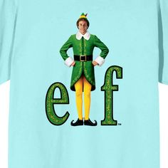 the elf is standing in front of an eff t - shirt on a blue background