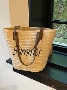 BirdinBag - Woven Letter Shoulder Tote for Women with Spacious Capacity, Solid Color Design Casual Beach Bag With Letter Print, Casual Beach Shoulder Bag With Letter Print, Letter Bag, Brown Pattern, Shoulder Tote, Straw Bag, Color Design, Straw, Solid Color