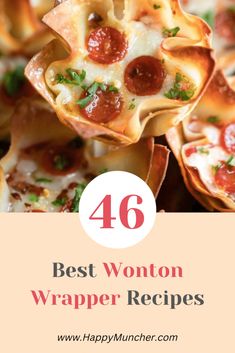 the words best wonton wrapper recipes are in front of some small pizzas