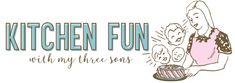 the kitchen fun with my three sons logo is shown in blue and pink, as well as an image of a woman holding a cake