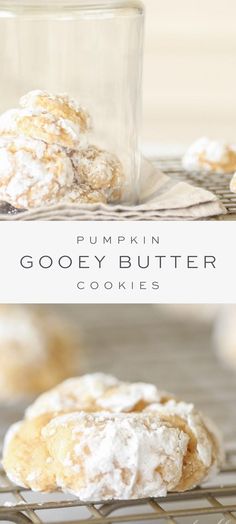 pumpkin gooey butter cookies on a cooling rack with the words, pumpkin gooey butter cookies