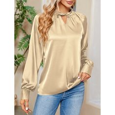 Season:Winter,Fall; Fabric:Satin; Sleeve Length:Long Sleeve; Look After Me:Machine wash; Gender:Women's; Style:Stylish,Ladies; Elasticity:Micro-elastic; Tops Type:Shirt,Blouse; Occasion:Party,Work; Top Length:Regular; Fit Type:Form Fit; Pattern:Solid Color; Design:Twisted Knot; Neckline:V Neck; Front page:FF; Listing Date:09/06/2024; Production mode:External procurement Satin Bluse, Blouse Sale, Loose Sleeves, Mock Neck Long Sleeve, Satin Shirt, Mock Neckline, Satin Blouse, Women Shirts Blouse, Green Blouse