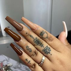 Brown Acrylic Nails, Brown Nails Design, Long Nail Designs, Coffin Shape Nails, Nail Tattoo, Brown Nails, Acrylic Nails Coffin