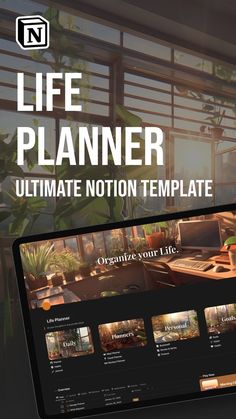 a tablet with the words life planner on it next to an image of a desk