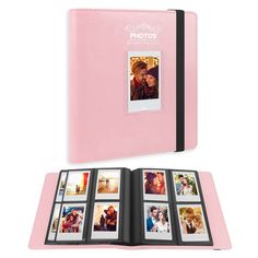 a pink photo album with multiple photos on it