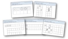 four sheets of paper with numbers and symbols on them, all lined up in the same row