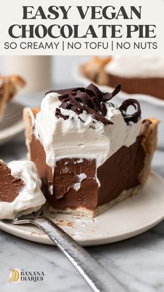 a slice of chocolate pie on a plate with the title text overlay reads easy vegan chocolate pie so creamy, no tofui no nuts