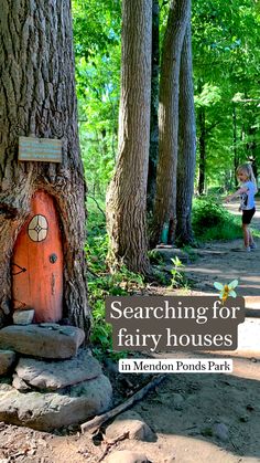 a wooden door in the middle of a forest next to a tree with a sign on it that says searching for fairy houses