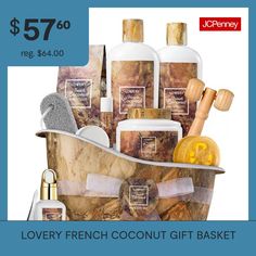 Nourish and replenish your tired, overworked skin with the 13 pc french coconut bath gift set from Lovery featuring a unique assortment of body pampering products. Transform the bathtub into a place of relaxation and take a moment out of your busy week for something that is just for you. Coconut rejuvenates with anti-aging effects that keep skin soft and glowing it helps skin absorb and retain moisture to keep from drying out.13-piece aromatherapy set includes:250ml shower gel250ml bubble bath2… Coconut Bath, Bath Gift Set, Bath Gift, Spa Kit, Gift Basket, Gift Baskets, Aromatherapy, Anti Aging, Relaxation