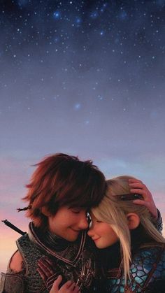 two people standing next to each other in front of a sky with stars and the moon