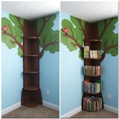 two pictures of a bookshelf with a tree painted on the wall