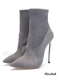 Olivia Mark - Womens Grey Suede Pointed Toe Stiletto Heel Short Booties - Elegant High Heel Dress Shoes Gray Dress Shoes, High Heel Dress Boots, Brown High Heels, Short Booties, High Heel Dress Shoes, High Heel Dress, Elegant High Heels, Grey Heels, Suede High Heels