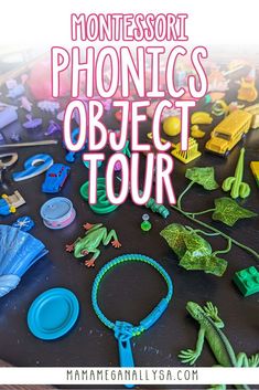 there is a table with toys on it and the words montessori phonicics object tour