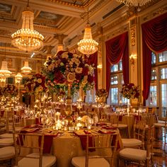 a banquet hall with tables, chairs and chandeliers filled with flowers and candles