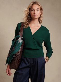 Rina Wrap-Front Sweater | Banana Republic Jewel Tones Fashion, Spring Office Wear, Green Cardigan Outfit, Forest Emerald Green, Fall Business Casual Outfits, Olive Green Sweater, Cable Knit Turtleneck Sweater, Blouson Sleeve, Cozy Knit Sweater