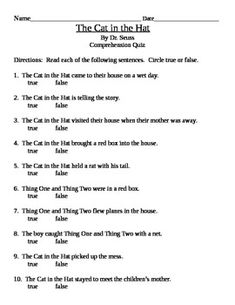 the cat in the hat worksheet with answers and answer sheets for students to use