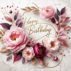 a birthday card with pink flowers and gold foil lettering on the front reads happy birthday