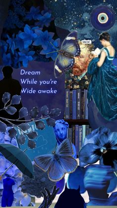 a collage of blue flowers, butterflies and a woman in a dress holding an umbrella